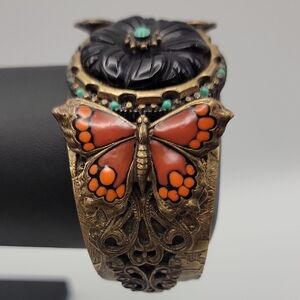 Vtg Sweet Romance Antique Brass Color Enamel Butterfly Boho Cuff Bracelet 2-5/8"